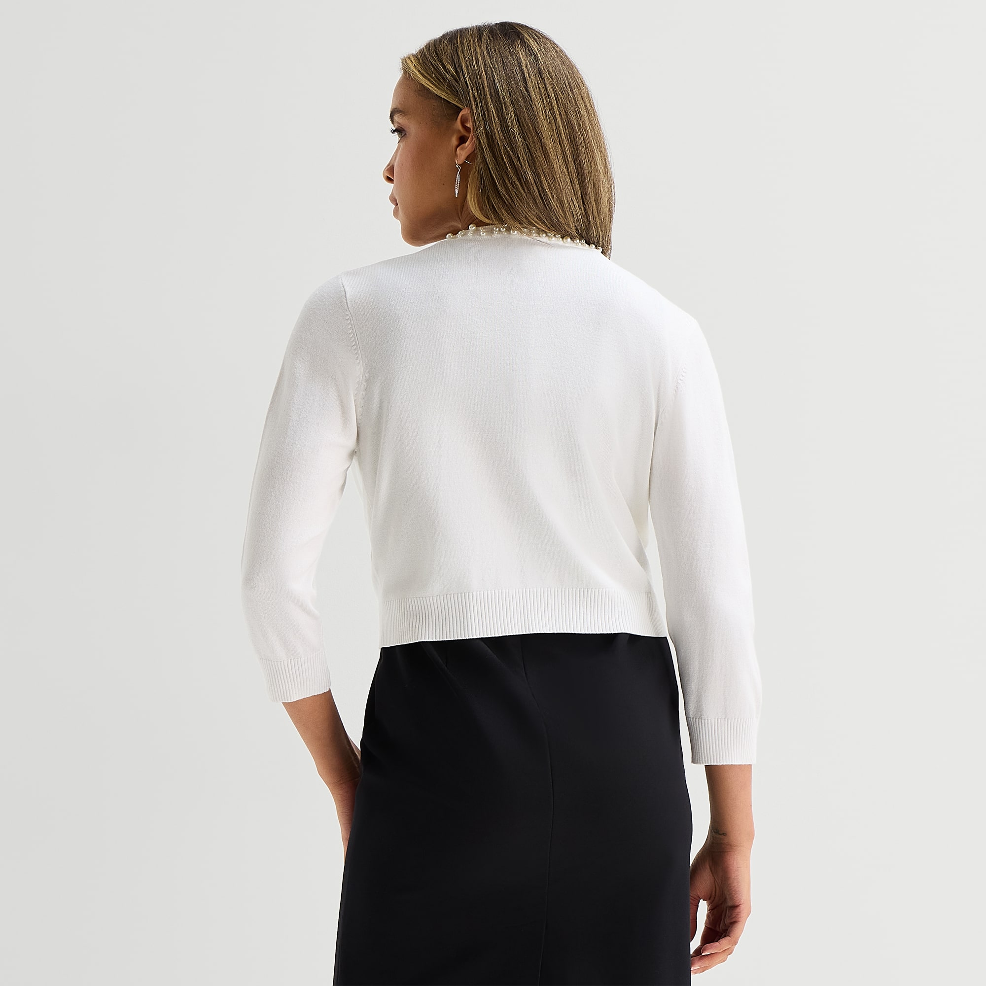 Perceptions Womens 3/4 Sleeve Beaded Trim Knit Shrug