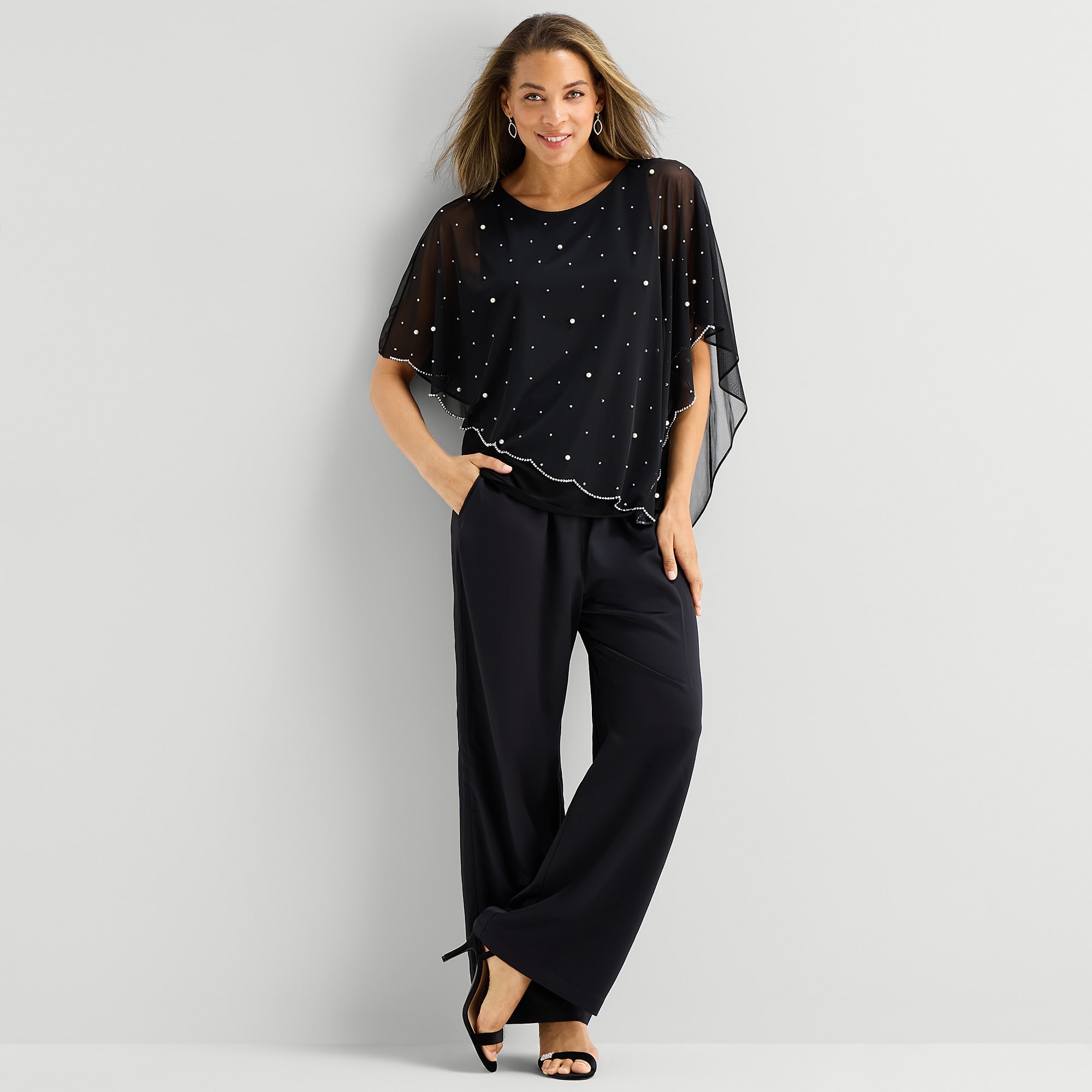 MSK Cape Womens Round Neck Short Sleeve Embellished Blouse