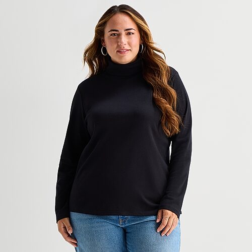 St. John's Bay Womens Plus Turtleneck Long Sleeve T-shirt In Black
