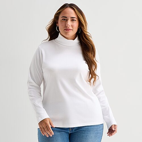 St. John's Bay Womens Plus Turtleneck Long Sleeve T-shirt In White