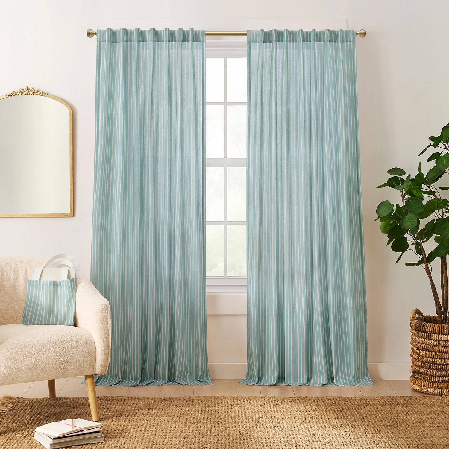 Peri Home Marina Stripe Set With Tote Back Tab Light-Filtering of 2 Curtain Panel