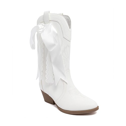 Sugar Womens Tammy Bows Stacked Heel Cowboy Boots In White