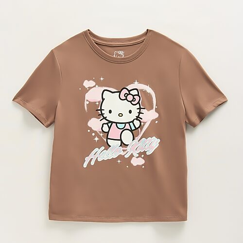 Little & Big Kid Girls Crew Neck Short Sleeve Regular Fit Hello Kitty Graphic T-Shirt, Large (14), Brown