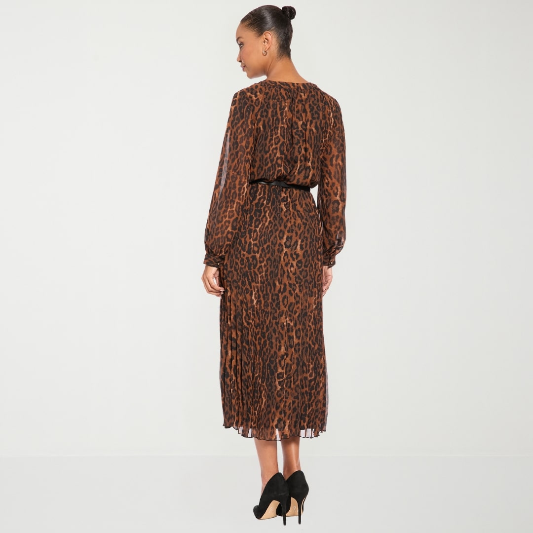 London Times Womens Midi Round Neck Long Sleeve Balloon Animal Fit + Flare Dress