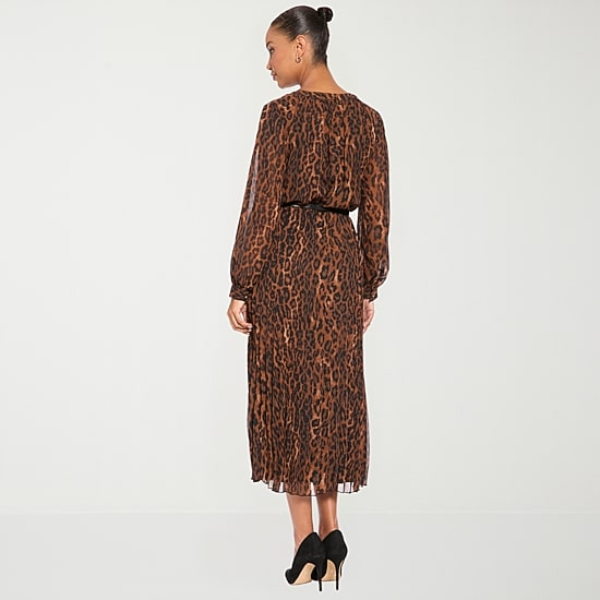 London Times Womens Midi Split Crew Neck Long Sleeve Balloon Chiffon Animal Fit + Flare Dress