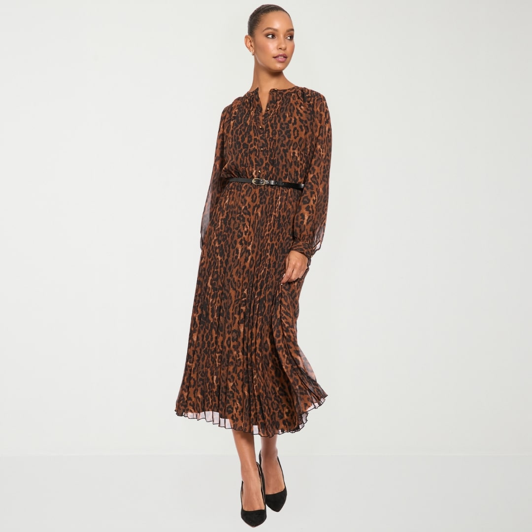 London Times Womens Midi Round Neck Long Sleeve Balloon Animal Fit + Flare Dress