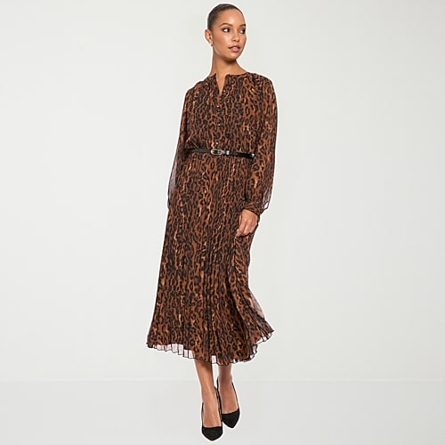 London Times Womens Midi Round Neck Long Sleeve Balloon Animal Fit + Flare Dress In Brown