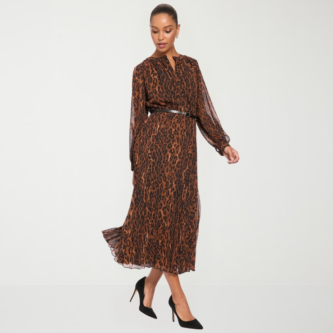 London Times Womens Midi Round Neck Long Sleeve Balloon Animal Fit + Flare Dress