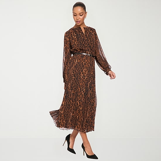 London Times Womens Midi Split Crew Neck Long Sleeve Balloon Chiffon Animal Fit + Flare Dress