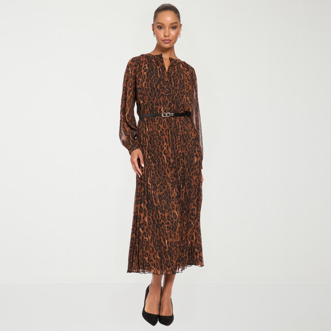 London Times Womens Midi Round Neck Long Sleeve Balloon Animal Fit + Flare Dress