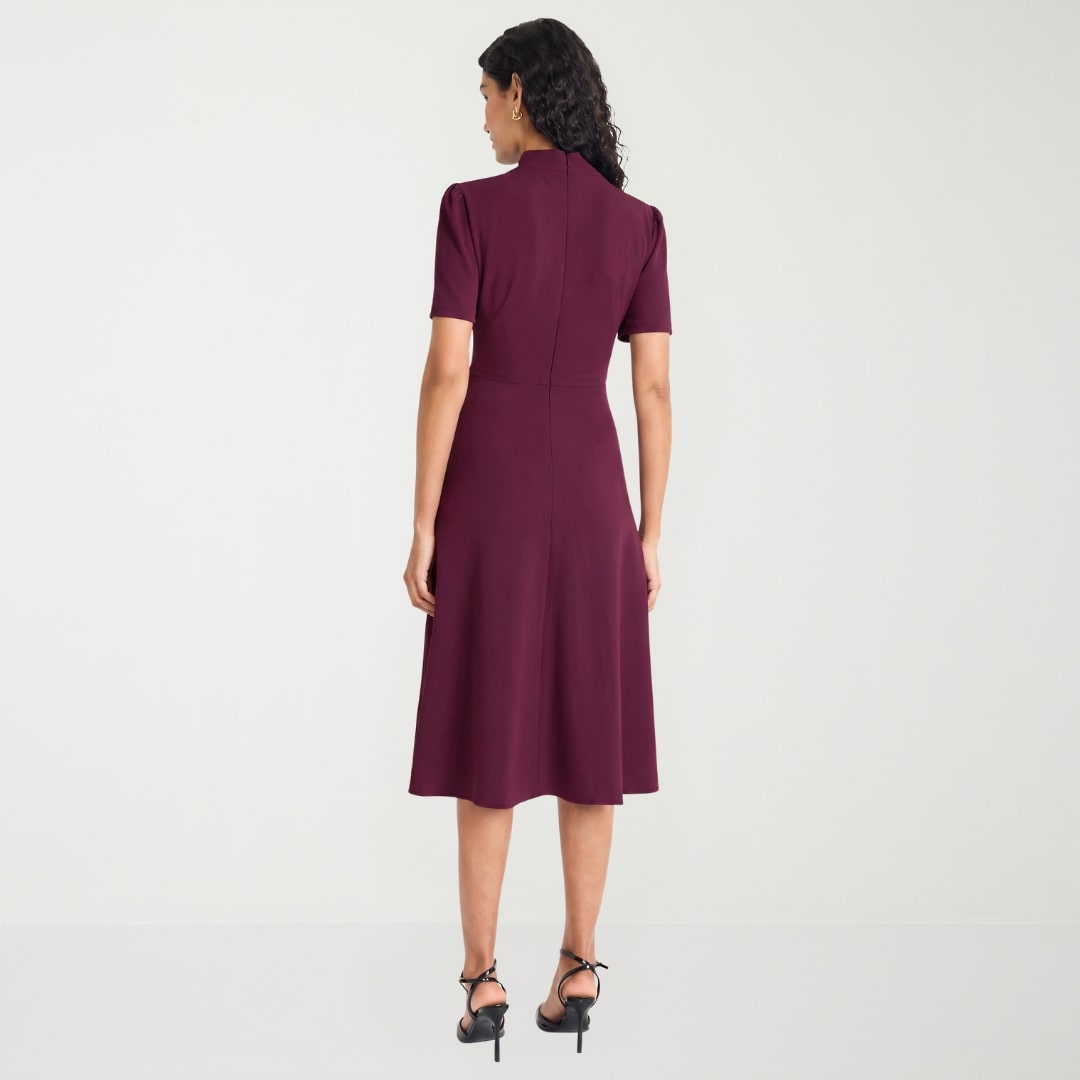 Ivy & Blue Womens Midi Split Tie Neck Short Sleeve Fitted Fit + Flare Dress
