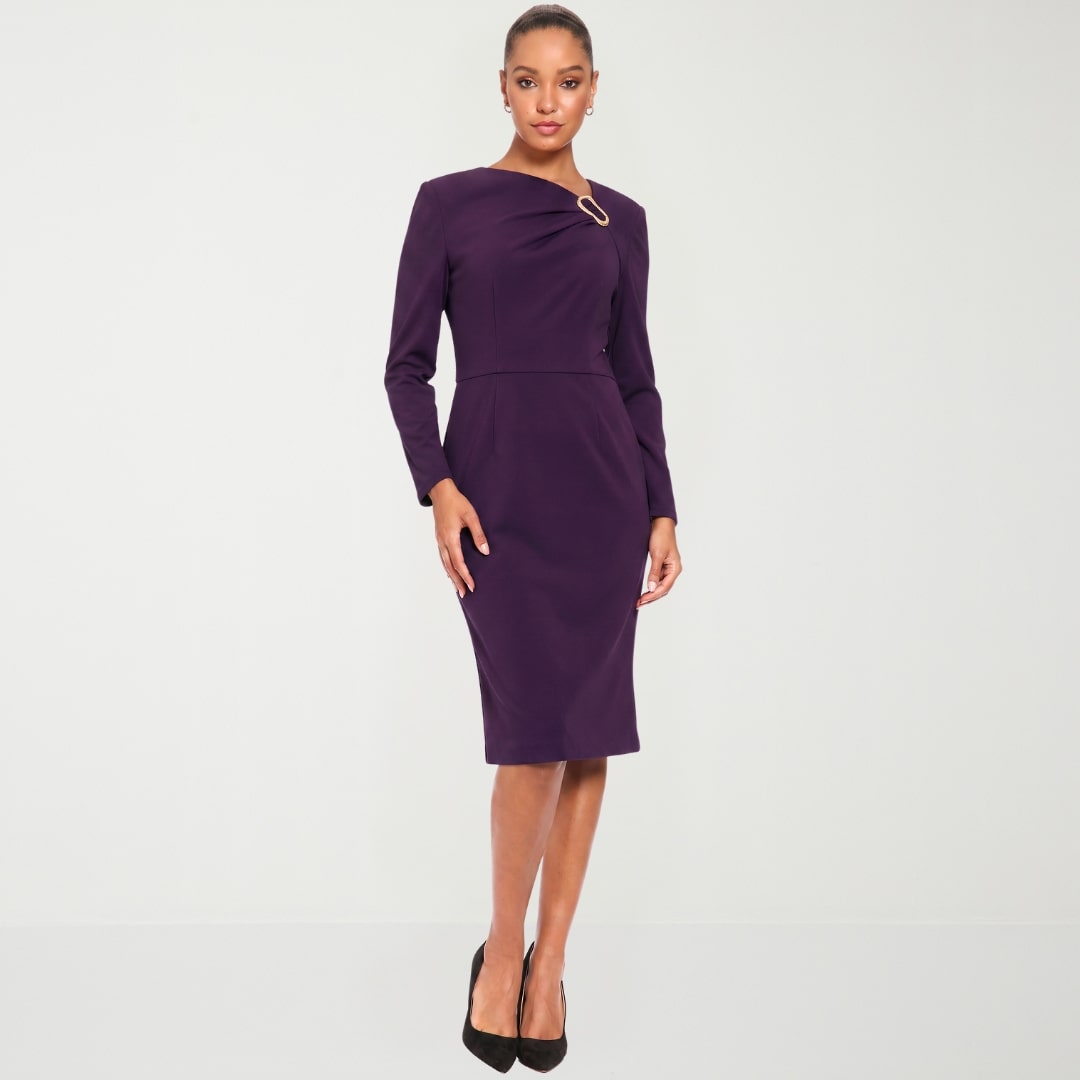 London Times Womens Round Neck Long Sleeve Sheath Dress