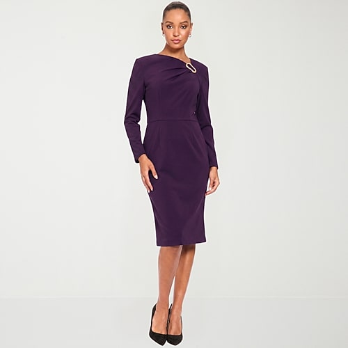 London Times Womens Round Neck Long Sleeve Sheath Dress, 4, Purple