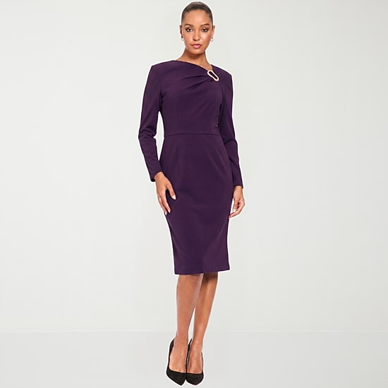 London Times Womens Asymmetrical Neck Long Sleeve Sheath Dress