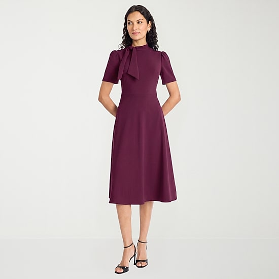Ivy & Blue Womens Midi Split Tie Neck Short Sleeve Fitted Fit + Flare Dress