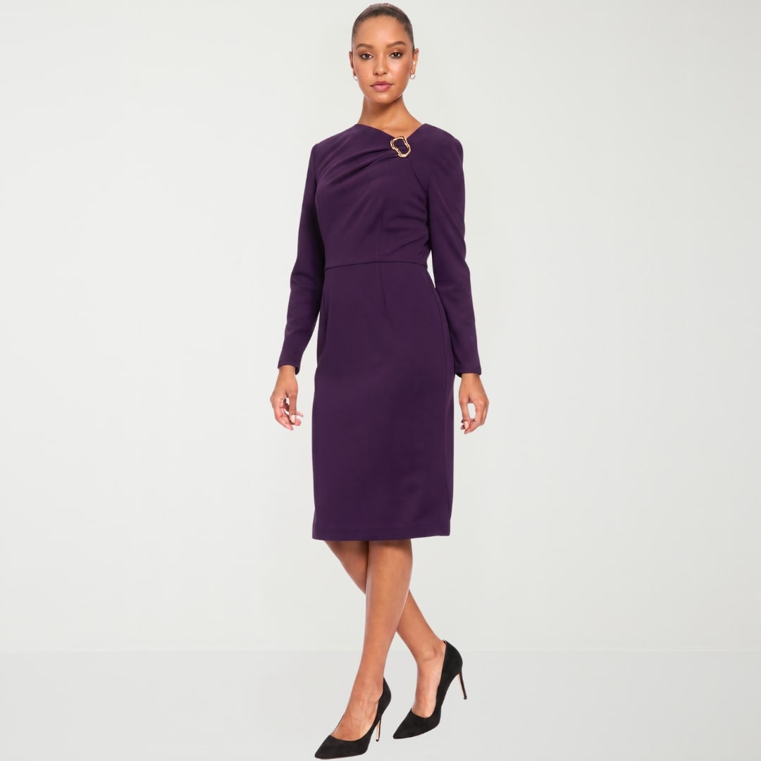 London Times Womens Round Neck Long Sleeve Sheath Dress