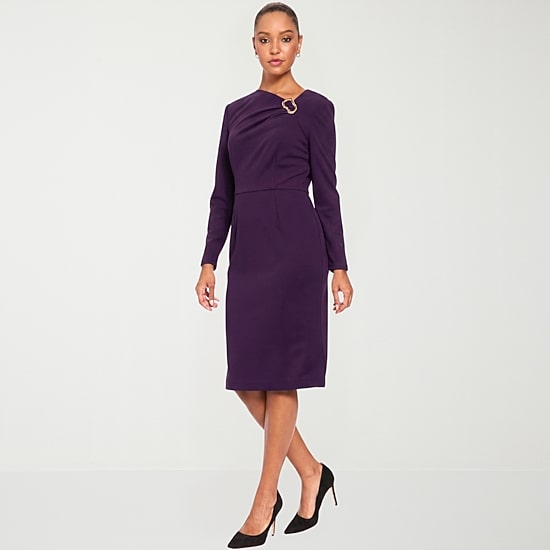 London Times Womens Asymmetrical Neck Long Sleeve Sheath Dress