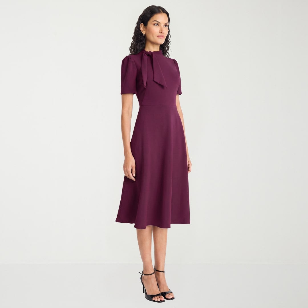 Ivy & Blue Womens Midi Split Tie Neck Short Sleeve Fitted Fit + Flare Dress