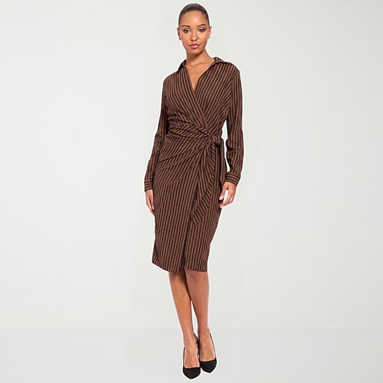 London Style Womens V Neck Long Sleeve Fitted Striped Fit + Flare Dress