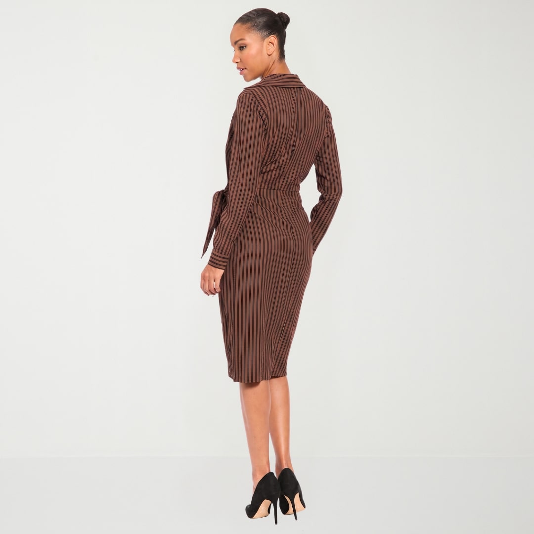 London Style Womens V Neck Long Sleeve Fitted Striped Fit + Flare Dress
