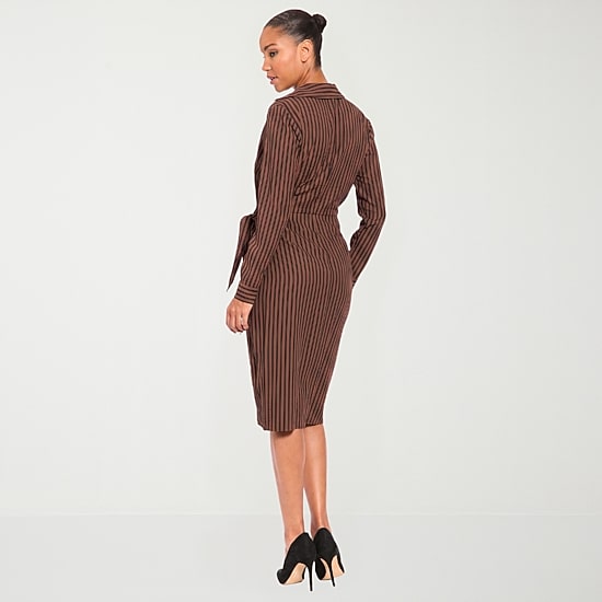 London Style Womens V Neck Long Sleeve Fitted Striped Fit + Flare Dress