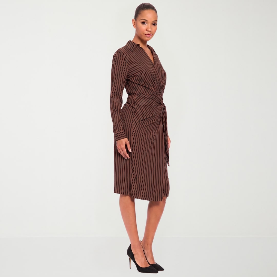 London Style Womens V Neck Long Sleeve Fitted Striped Fit + Flare Dress