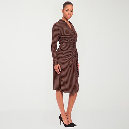 London Style Womens V Neck Long Sleeve Fitted Striped Fit + Flare Dress