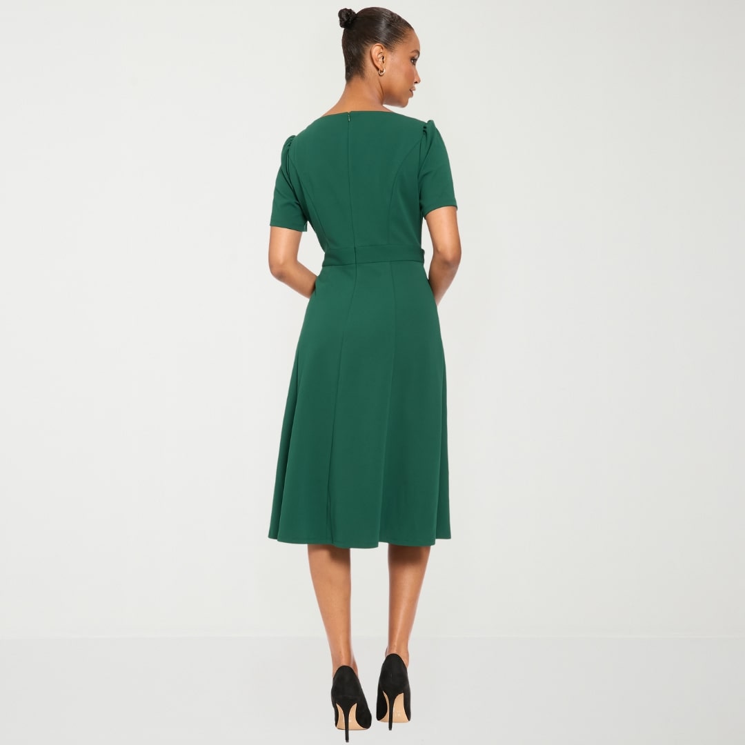 London Times Womens Midi Round Neck Short Sleeve Fit + Flare Dress