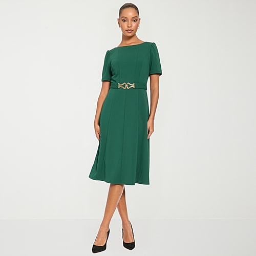 London Times Womens Midi Round Neck Short Sleeve Fit + Flare Dress In Brown