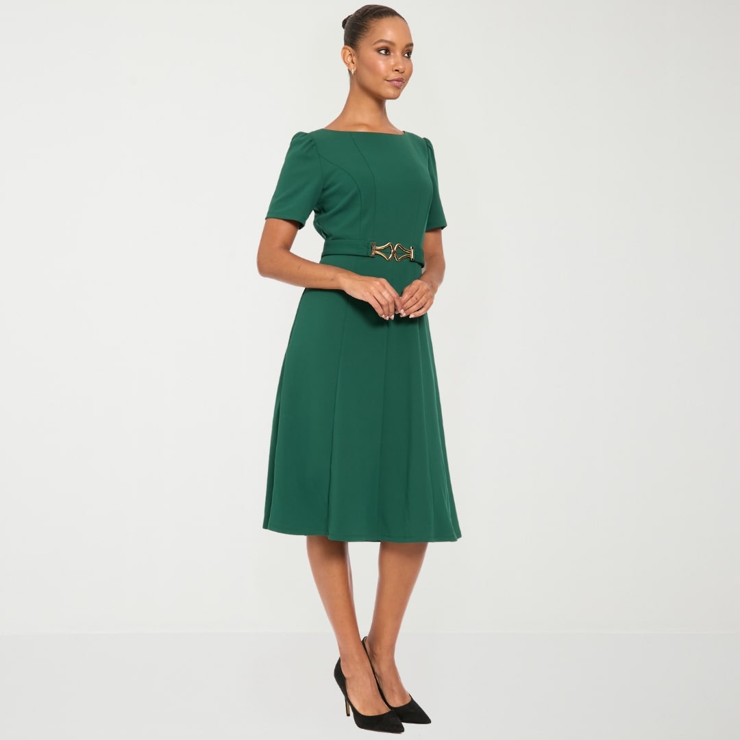 London Times Womens Midi Round Neck Short Sleeve Fit + Flare Dress
