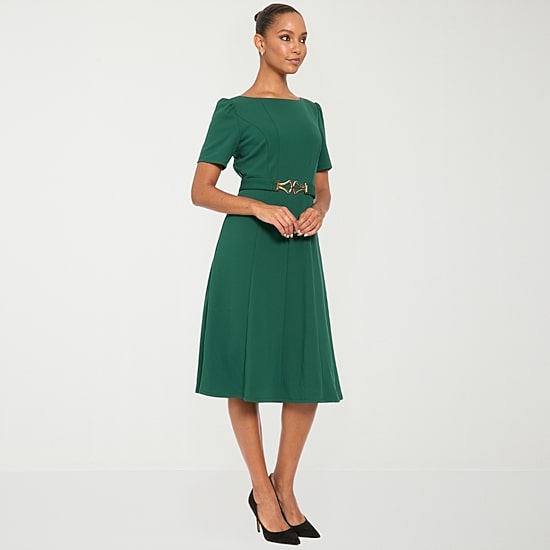 London Times Womens Midi Round Neck Short Sleeve Fit + Flare Dress