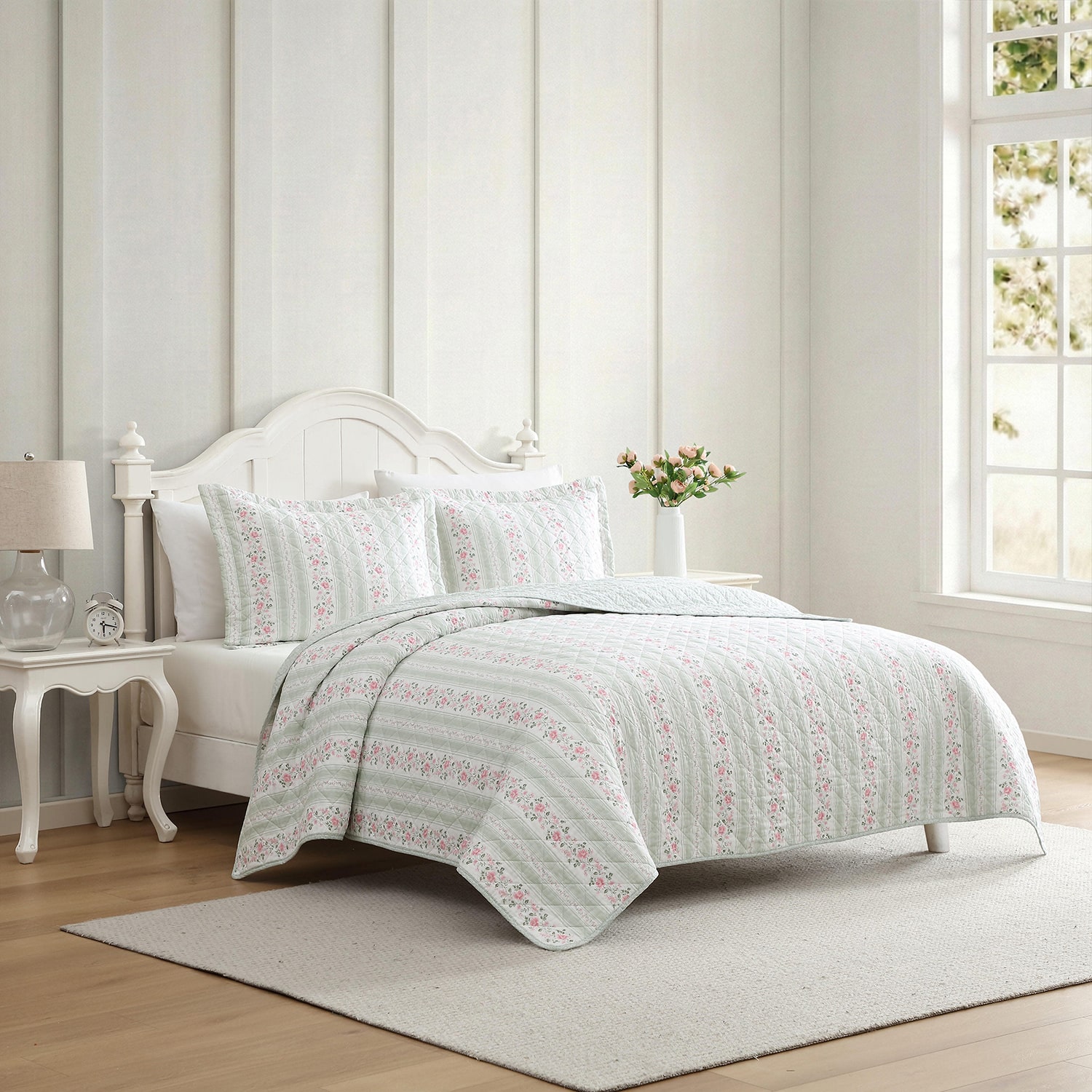 Laura Ashley Rosebud Stripe Quilt Set