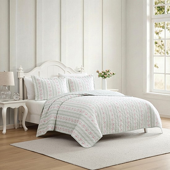 Laura Ashley Rosebud Stripe Quilt Set