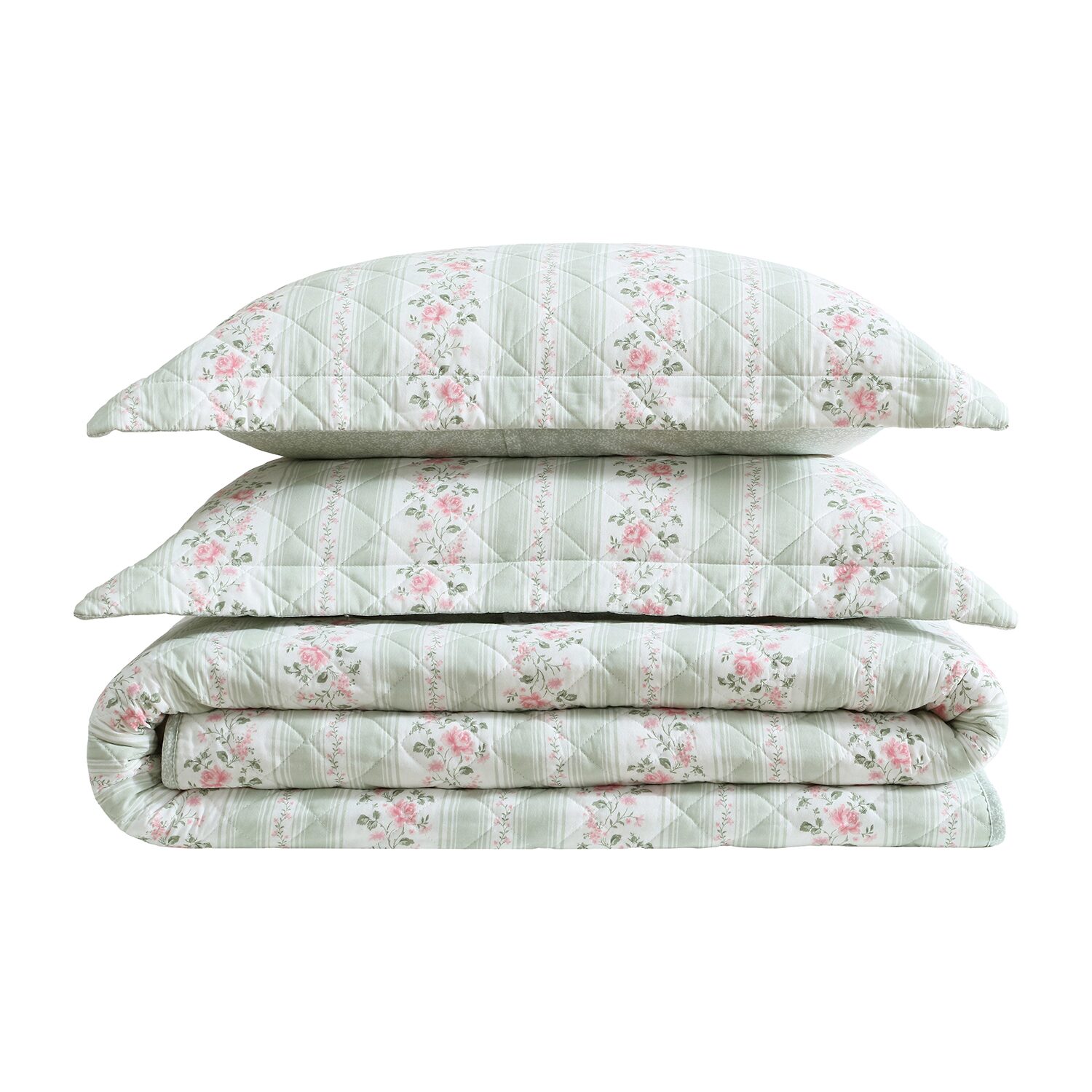 Laura Ashley Rosebud Stripe Quilt Set