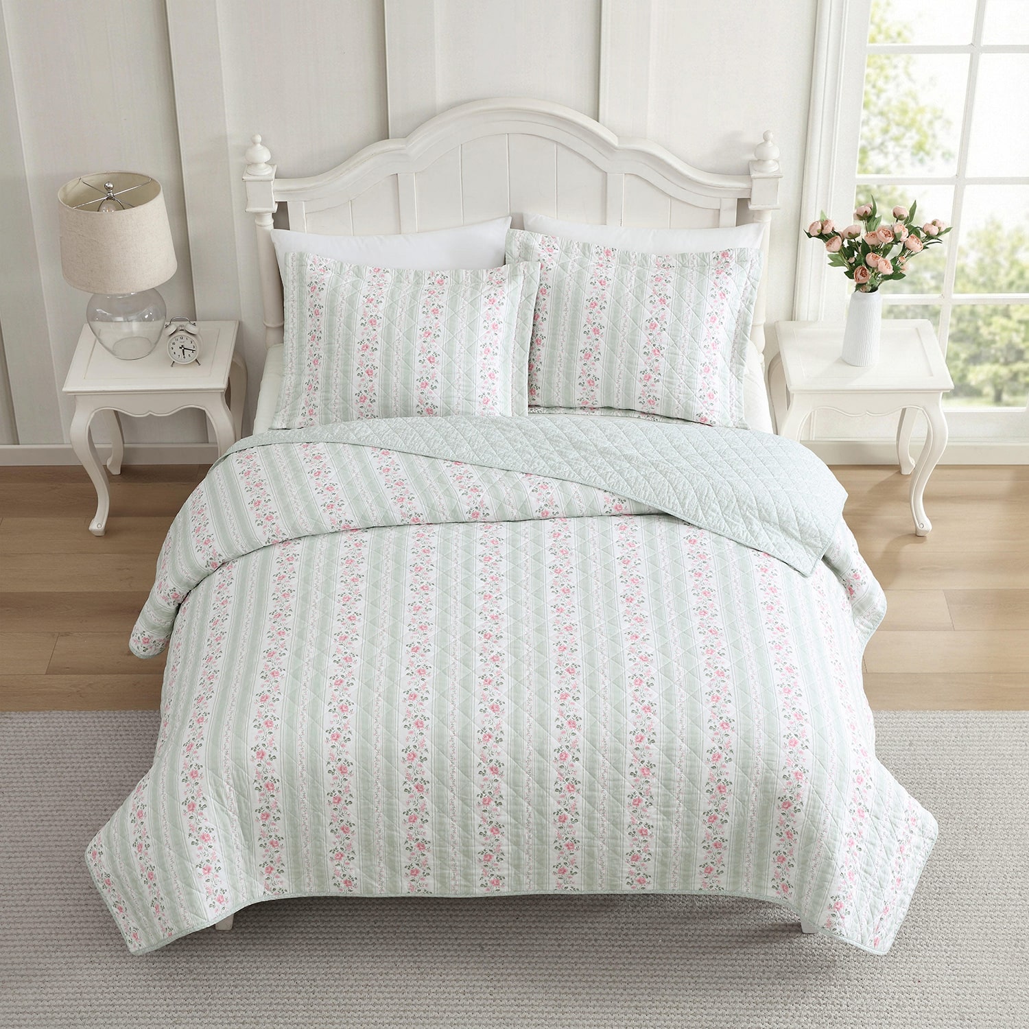 Laura Ashley Rosebud Stripe Quilt Set