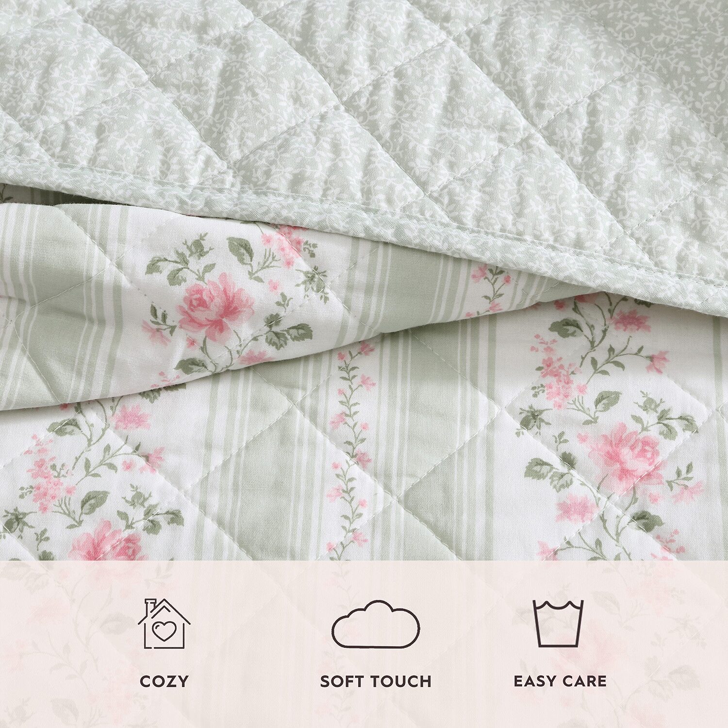 Laura Ashley Rosebud Stripe Quilt Set