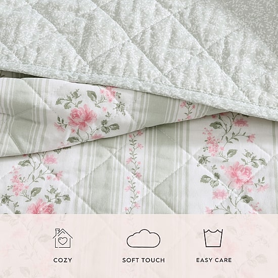 Laura Ashley Rosebud Stripe Quilt Set