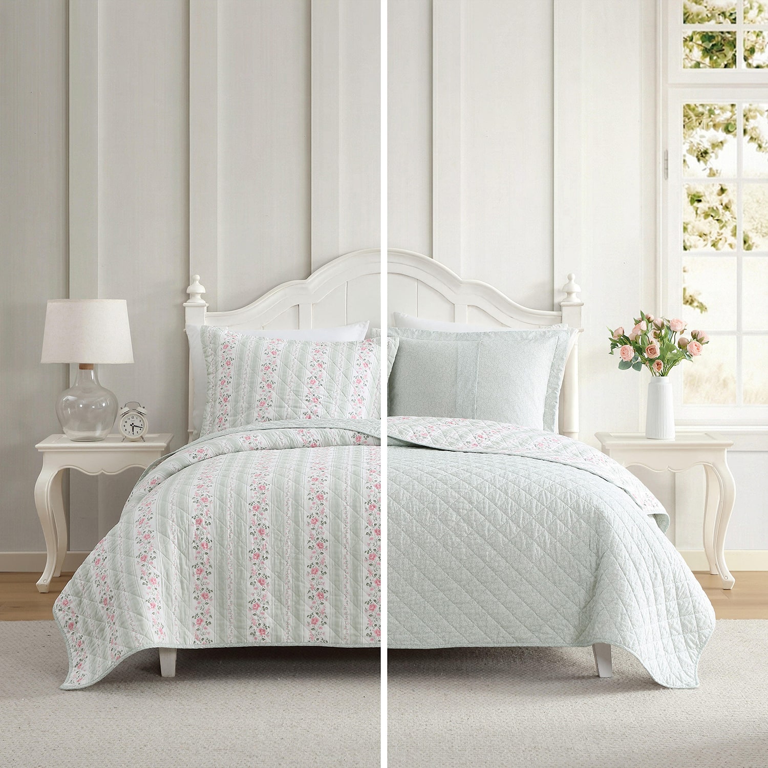 Laura Ashley Rosebud Stripe Quilt Set