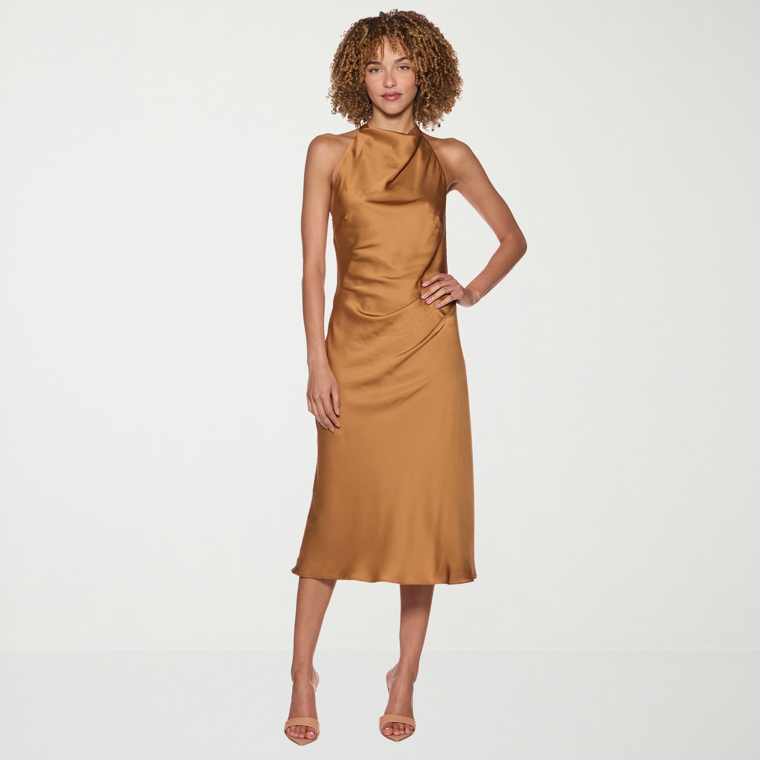 belle vie Womens Juniors Midi Halter Neck Sleeveless Satin A-Line Dress