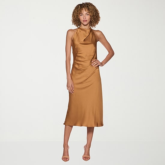 jcpenney a line dress belle vie Women's Midi Halter Neck Sleeveless Satin A-Line | Brown | Misses 2 eye sunglasses and sandals Off the Shoulder long sleeve black short Rush Service:With Rush+$19.99