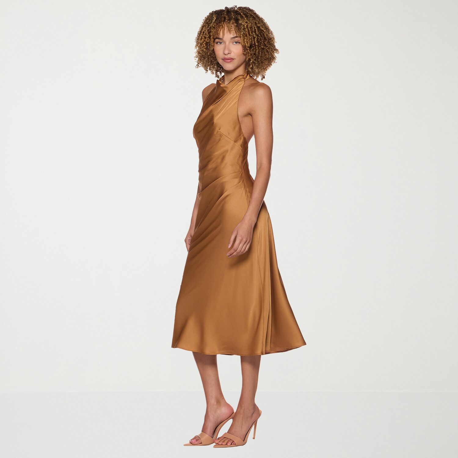 belle vie Womens Juniors Midi Halter Neck Sleeveless Satin A-Line Dress