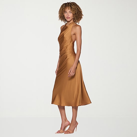belle vie Womens Midi Halter Neck Sleeveless Satin A-Line Dress
