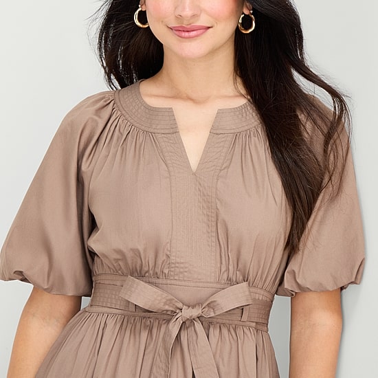 Studio 1 Womens V Neck Short Sleeve Puffed Fit + Flare Dress