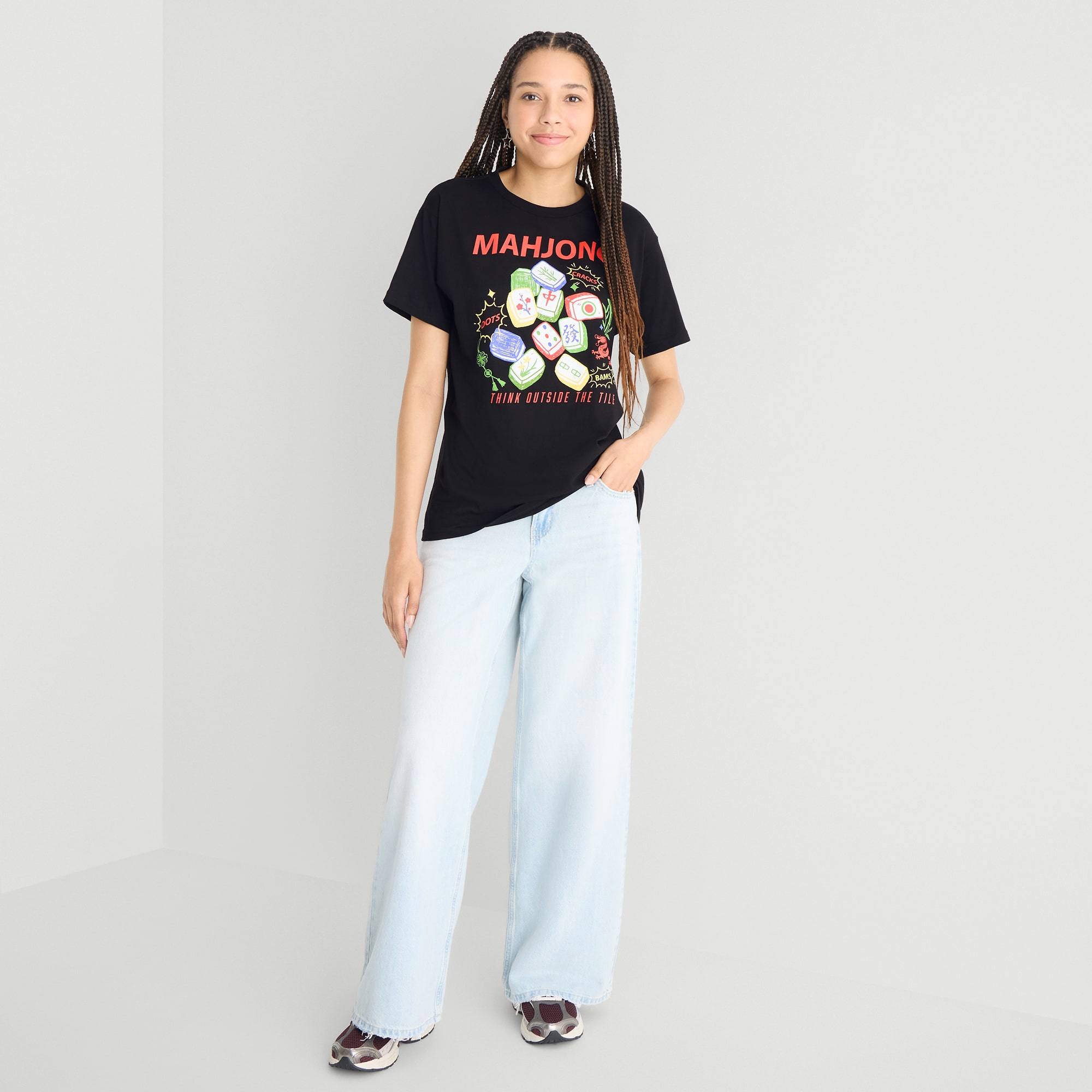 Mahjong Boyfriend Tee Womens Juniors Crew Neck Short Sleeve Oversized Graphic T-Shirt