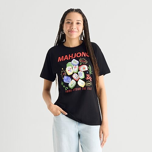 Miken Mahjong Boyfriend Tee Womens Juniors Crew Neck Short Sleeve Oversized Graphic T-shirt In Black