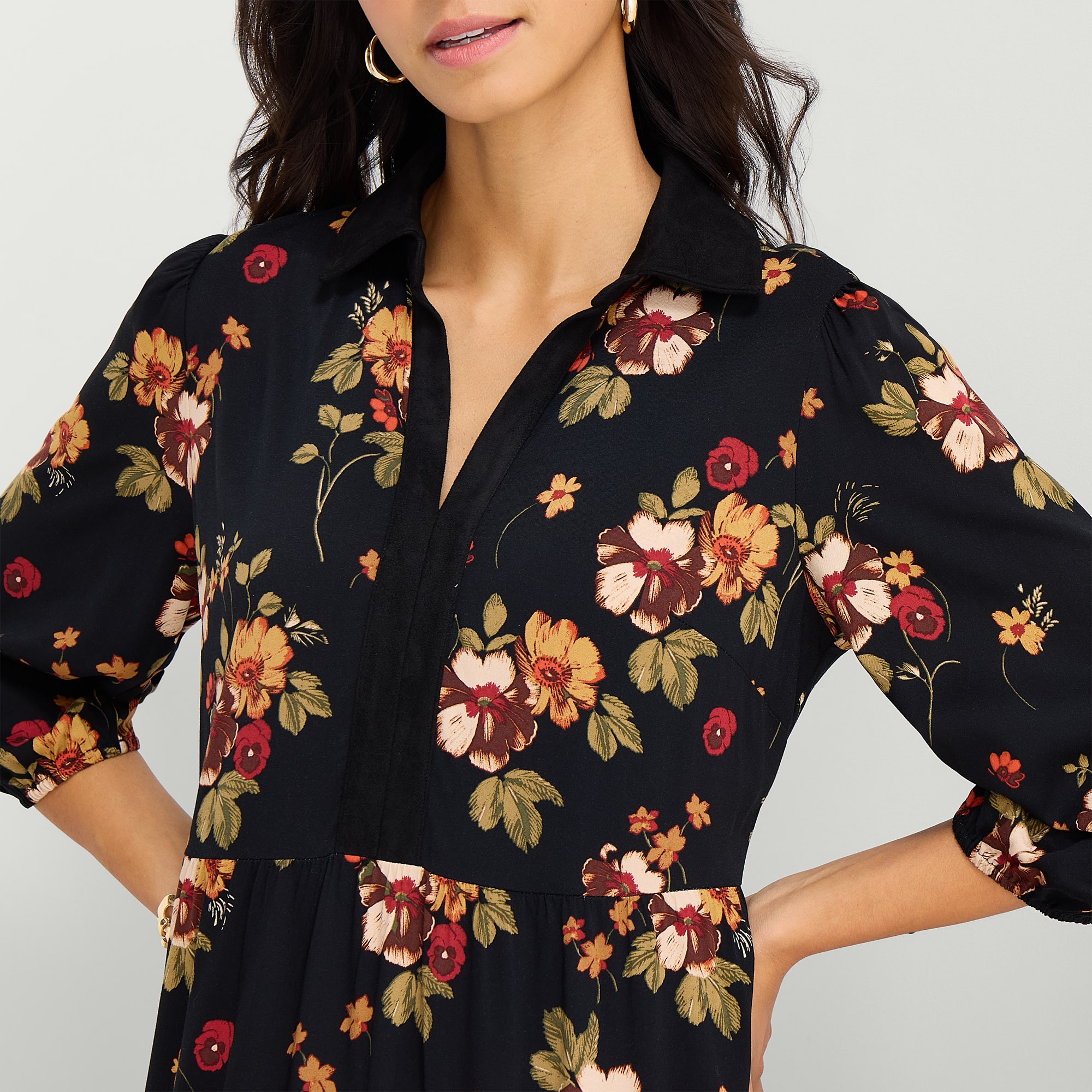 52seven Womens Midi V Neck 3/4 Sleeve Bishop Floral Fit + Flare Dress