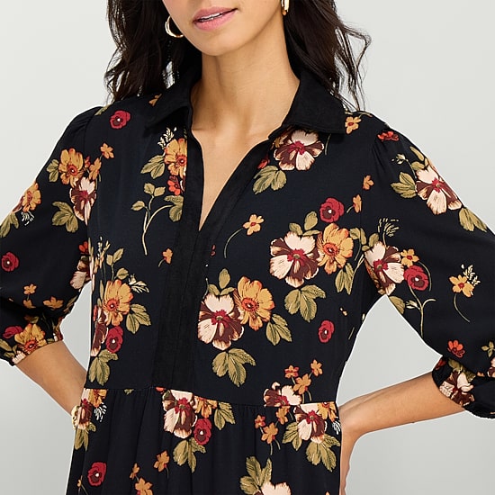 52seven Womens Midi V Neck 3/4 Sleeve Bishop Floral Fit + Flare Dress