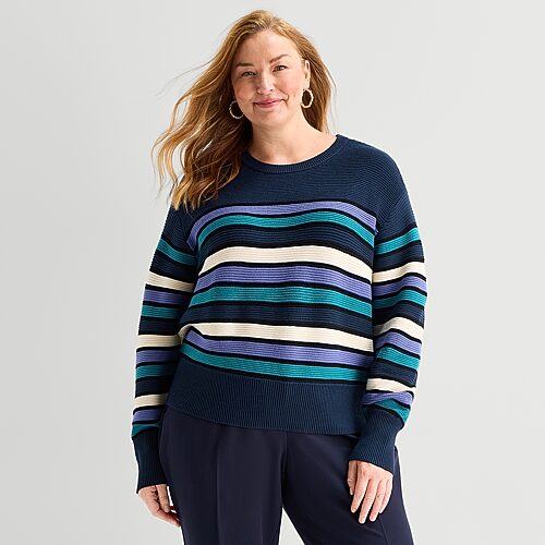 Liz Claiborne Plus Womens Crew Neck Long Sleeve Striped Pullover Sweater In Blue