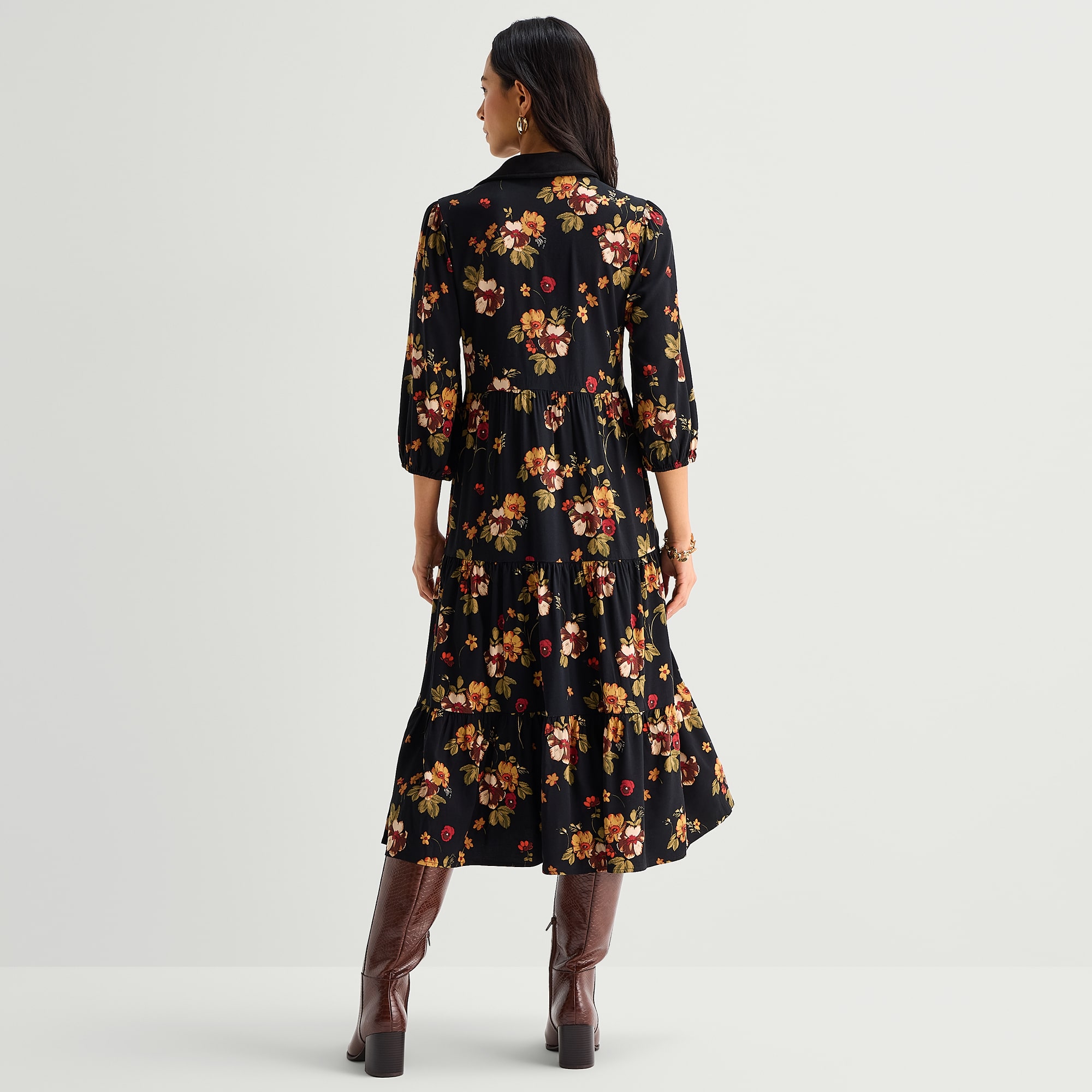 52seven Womens Midi V Neck 3/4 Sleeve Bishop Floral Fit + Flare Dress