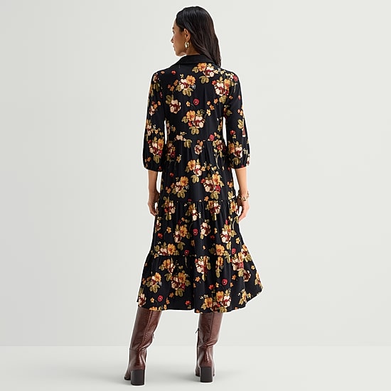 52seven Womens Midi V Neck 3/4 Sleeve Bishop Floral Fit + Flare Dress